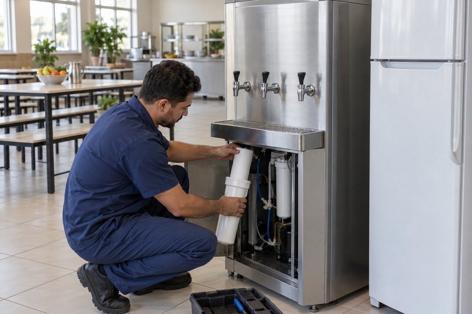 Técnico troca o filtro de um bebedouro de aço inox no refeitório de uma empresa